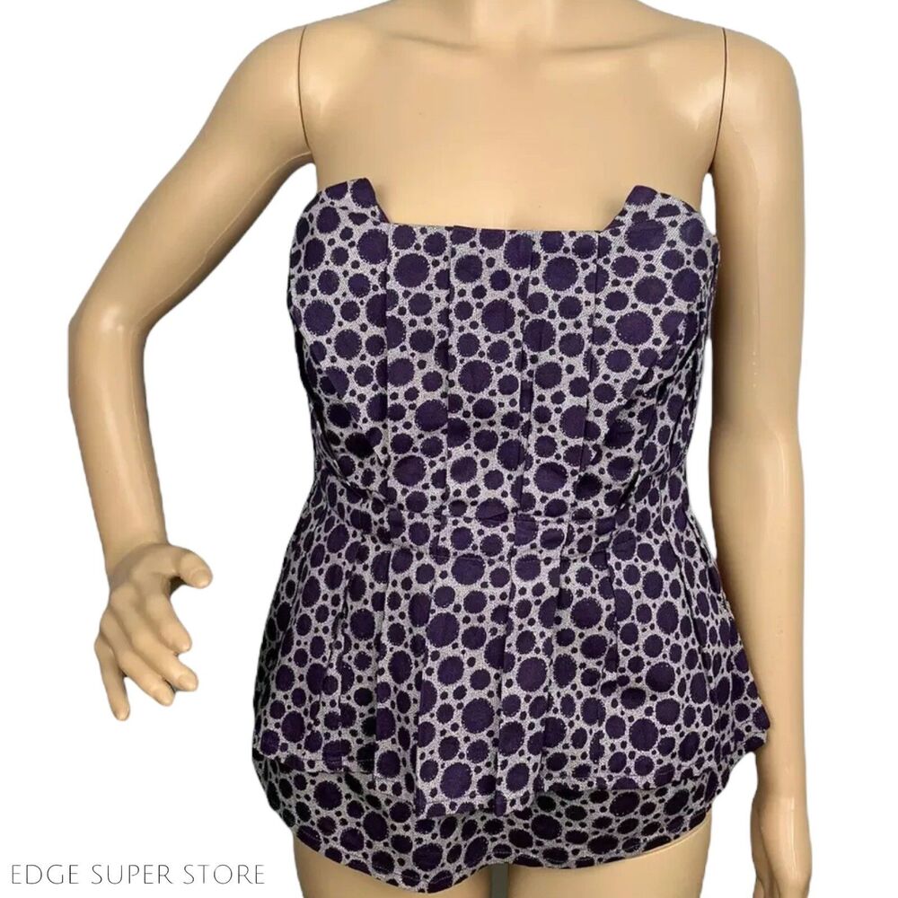 Anthropologie Maeve Purple Polka Dot Pleated Sleeveless Tube Top Blouse Size 4
